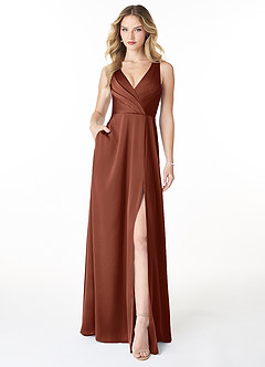 Azazie Nelly Bridesmaid Dresses Clay A-Line V-Neck Pleated Stretch Satin Dress image1