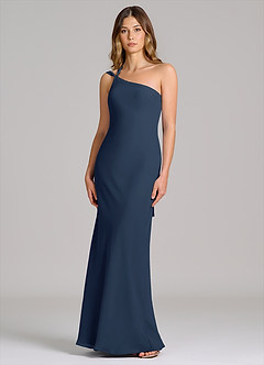 Azazie Monroe Vestidos de damas de honor Vestido de Azul Marino Oscuro de Gasa de Corte Recto con Hombro unilateral image1