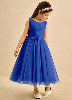 Azazie Macaron Flower Girl Dresses Royal Blue A-Line Pleated Tulle Dress image1