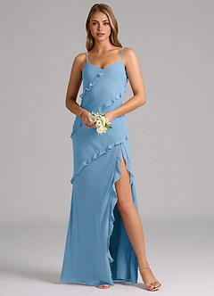 Azazie Nancie Brautjungfernkleider Meerjungfrau-Linie Gestreift Chiffon Kleid Stahlblau image8