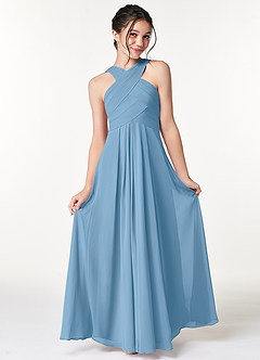 Azazie Kaleigh Junior Steel Blue A-Line Pleated Chiffon Dress image4