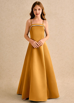 Azazie Izel Girls Formal vestidos de niña de las flores Vestido de Marfil Caramelo de Satin Mate de Corte en A con Plisado image6