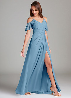 Azazie Dakota Bridesmaid Dresses Steel Blue A-Line Off the Shoulder Mesh Dress image3