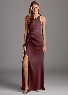 Azazie Mika Bridesmaid Dresses Sangria Sheath One Shoulder Stretch Satin Dress image3