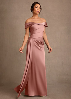 Azazie Beah Mother of the Bride Dresses Rosette Sheath Off the Shoulder Stretch Satin Dress image2