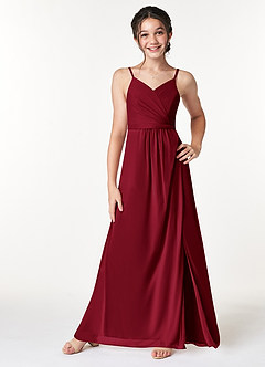 Azazie Luxy Junior Burgundy Pleated Mesh Dress image3