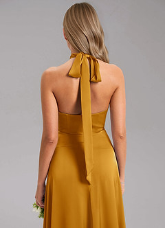 Azazie Tracie Robes de demoiselle d'honneur Robe Trapèze en Satin extensible Fente Latérale Caramel écossais image7