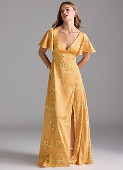 Azazie Lani Brautjungfernkleider A-Linie Volantärmel Stretch-Satin Kleid Goldene Blüten image3