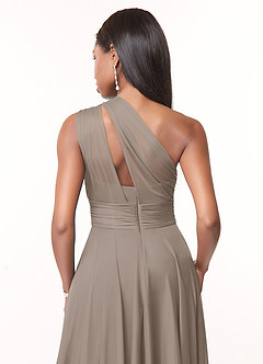 Azazie Charlize Bridesmaid Dresses Taupe A-Line One Shoulder Mesh Dress image4
