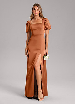 Azazie Fyona Bridesmaid Dresses Copper A-Line Pleated Stretch Satin Dress image3