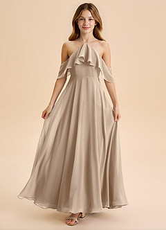 Azazie Tessabelle Junior Taupe A-Line Off the Shoulder Chiffon Dress image5