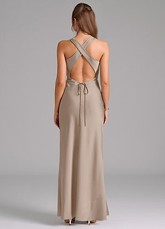 Azazie Evadne Bridesmaid Dresses Taupe Sheath Pleated Stretch Satin Dress image2