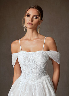 Azazie Justice Wedding Dresses Diamond White Ball-Gown Off the Shoulder Lace Dress image4