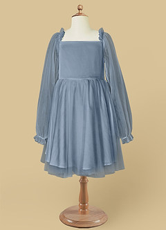 Azazie Aya Flower Girl Dresses Dusty Blue A-Line with Sleeves Tulle Dress image6
