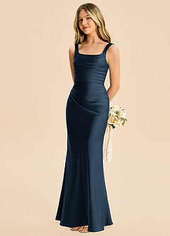 Azazie Agustina Junior Dark Navy Sheath Pleated Stretch Satin Dress image1