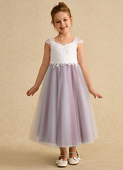 Azazie Momo Flower Girl Dresses Ivory Burgundy A-Line Lace Dress image3
