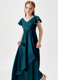 Azazie Omari Junior Ink Blue A-Line Pleated Stretch Satin Dress image6