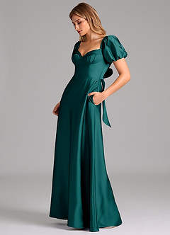 Azazie Fatima 신부 들러리 드레스 A라인 주름진 스트레치 새틴 바닥 길이 드레스 image5