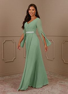 Azazie Belinda Mère de la mariée Robes Robe Trapèze en Mousseline de soie Col V plissé Matcha image3