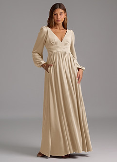 Azazie Norah Bridesmaid Dresses Champagne A-Line Long Sleeve Velvet Dress image5