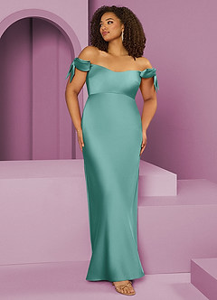 Barbie ♥ Azazie Bridesmaid Dresses Aqua Sheath Off the Shoulder Stretch Satin Convertible Dress image8