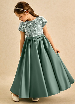 Azazie Cashew Flower Girl Dresses Eucalyptus Ball-Gown with Sleeves Matte Satin Dress image5