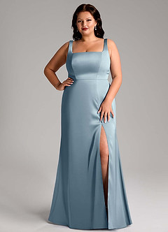 Azazie Frostine Bridesmaid Dresses Dusty Blue A-Line Bow Stretch Satin Dress image12
