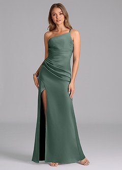 Azazie Eren Robes de demoiselle d'honneur Robe Sirène en Satin extensible Une épaule Mousse De Mer image1