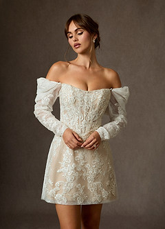 Azazie Winter Wedding Dresses Diamond White Nude A-Line Strapless Lace Dress image7