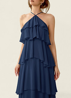 Nevieve Dunkelmarine Strandkleid aus Chiffon mit Satinbesatz und Rüschen image5