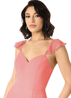 Azazie Everett Vestidos de damas de honor Vestido de Coral de Gasa de Corte en A con Cuello en V fruncido image4