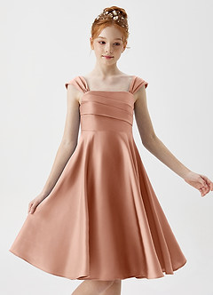 Azazie Amira Junior Vestido de Oro Rosa de Satén Elástico de Corte En A con Plisado image3