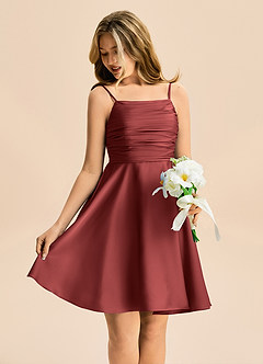 Azazie Miko Junior Terracotta A-Line Pleated Stretch Satin Dress image4