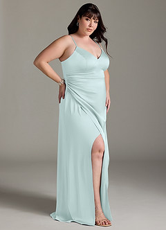 Azazie Marchella Bridesmaid Dresses Sea Glass A-Line Corset Stretch Satin Dress image9