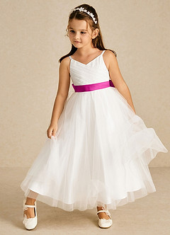 Azazie Lea vestidos de niña de las flores Vestido de Fucsia de Tul de Corte En A con Tirante Espagueti image3