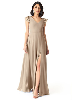Azazie Claudine Bridesmaid Dresses Taupe A-Line Flutter Sleeve Chiffon Dress image2