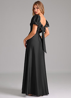 Azazie Fatima Bridesmaid Dresses Black A-Line Pleated Stretch Satin Dress image2