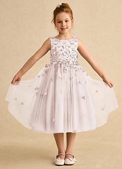 Azazie Lana Robe Demoiselle D'honneur Fillette Robe Trapèze en Mat Satiné Sans manches Rose Pétale image1