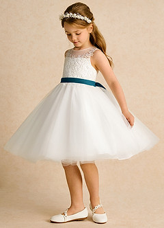Azazie Lettie Flower Girl Dresses Ivory Ink Blue Ball-Gown Lace Dress image3