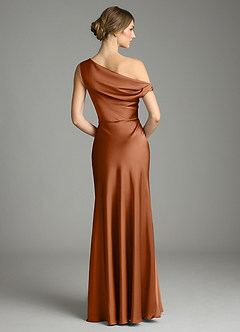 Azazie Emerson Bridesmaid Dresses Copper Mermaid Off the Shoulder Stretch Satin Dress image2