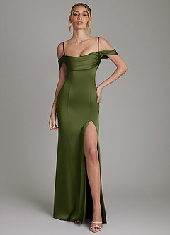 Azazie Nira Bridesmaid Dresses Olive Mermaid Corset Stretch Satin Dress image4