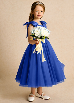 Azazie Serene Abiti da Ragazza di Fiori Abito Principessa in Raso Opaco Fiocco Blu Reale image5