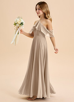 Azazie Tessabelle Junior Taupe A-Line Off the Shoulder Chiffon Dress image3