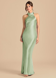 Azazie Velli 신부 들러리 드레스 쉬스 하이넥 메탈릭 새틴 바닥 길이 드레스 image4