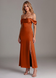 Azazie Saige 신부 들러리 드레스 인어 오프 더 숄더 스트레치 새틴 발목 길이 드레스 image4