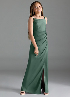 Azazie Leonis Junior Eucalyptus A-Line Pleated Stretch Satin Dress image3