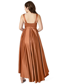 Azazie Inaya Junior Copper A-Line with Belt Stretch Satin Dress image2