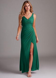 Azazie Leandra Bridesmaid Dresses Emerald Mermaid V-Neck Pleated Mesh Dress image5