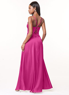 Azazie Maksim Bridesmaid Dresses Fuchsia A-Line V-Neck Stretch Satin Dress image2