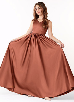 Azazie Hathaway Junior Clay A-Line Bow Stretch Satin Dress image1
